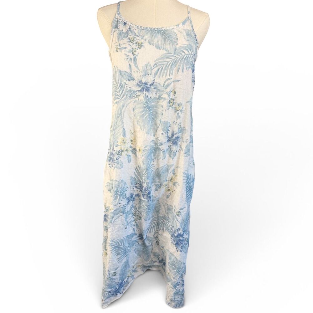 Lungo L’Arno Linen Dress Women Small Blue Floral Italy Strappy Midi